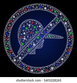 Bright white mesh no liar with lightspot effect. Abstract illuminated model of no liar. Shiny wire carcass triangular mesh no liar icon. Vector abstraction on a dark blue gradient background.