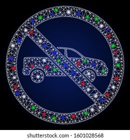 Bright white mesh no pickup with glow effect. Abstract illuminated model of no pickup. Shiny wire frame polygonal mesh no pickup icon. Vector abstraction on a dark blue gradient background.