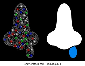 Bright white mesh nose flu with glitter effect. Abstract illuminated model of nose flu. Shiny wire frame polygonal mesh nose flu icon on a black background.