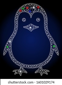Bright white mesh penguin with glitter effect. Abstract illuminated model of penguin. Shiny wire frame triangular mesh penguin icon. Vector abstraction on a dark blue gradient background.