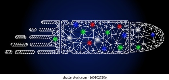 Bright white mesh rush bullet with sparkle effect. Abstract illuminated model of rush bullet. Shiny wire carcass polygonal mesh rush bullet icon. Vector abstraction on a dark blue gradient background.