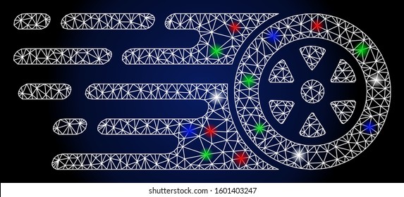 Bright white mesh rush car wheel with glare effect. Abstract illuminated model of rush car wheel. Shiny wire carcass polygonal mesh rush car wheel icon.