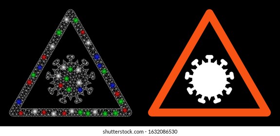 Bright white mesh SARS virus warning with glare effect. Abstract illuminated model of SARS virus warning. Shiny wire frame polygonal mesh SARS virus warning icon on a black background.
