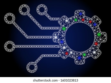 Bright white mesh smart gear with glare effect. Abstract illuminated model of smart gear. Shiny wire carcass triangular mesh smart gear icon. Vector abstraction on a dark blue gradient background.
