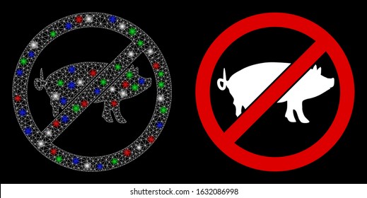 Bright white mesh stop swine with glow effect. Abstract illuminated model of stop swine. Shiny wire carcass polygonal mesh stop swine icon on a black background.