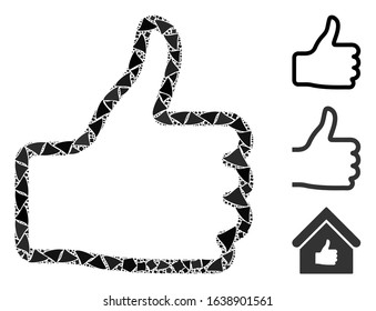 Bright white mesh thumb up with glare effect. Abstract illuminated model of thumb up. Shiny wire carcass polygonal mesh thumb up icon on a black background.