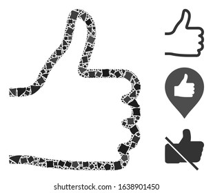 Bright white mesh thumb up with glow effect. Abstract illuminated model of thumb up. Shiny wire carcass triangular mesh thumb up icon on a black background.