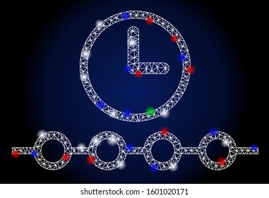 Bright white mesh timeline with glow effect. Abstract illuminated model of timeline. Shiny wire frame triangular mesh timeline icon. Vector abstraction on a dark blue gradient background.