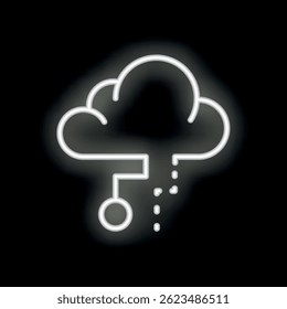 Bright white neon cloud computing icon on a black background, transferring data