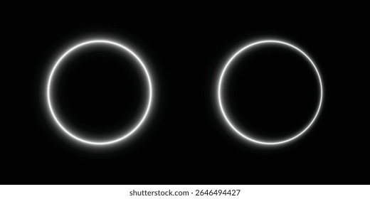 Bright white neon glow circular ring circle frame with narrow one side light effect and empty center space, modern glowing border on black isolated background for design and decoration