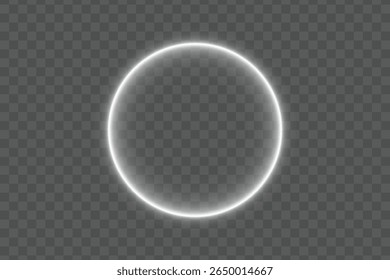 Bright white neon glow circular ring frame border with glowing light effect on transparent background for abstract futuristic digital design
