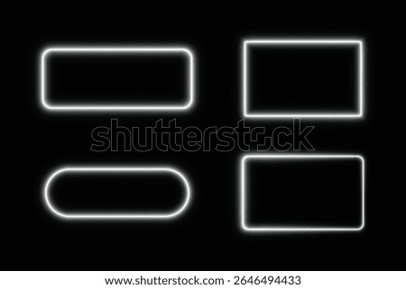 Bright white neon glowing oval rectangle square with full rounded corner frame and empty space light effect on black isolated background for banner design template or digital graphic layout