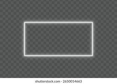 Bright white neon light glow rectangle frame border on transparent background with empty space for modern design banner template poster or futuristic glowing decoration
