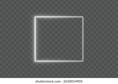 Bright white neon light glow rectangle frame border on transparent background with empty space for modern design banner template poster or futuristic glowing decoration