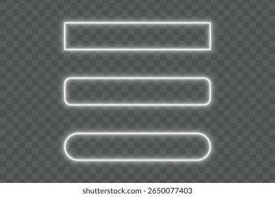 Bright white neon light glow rectangle rounded frame border on transparent background with empty space for modern design banner template poster or futuristic glowing decoration