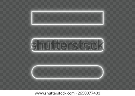 Bright white neon light glow rectangle rounded frame border on transparent background with empty space for modern design banner template poster or futuristic glowing decoration