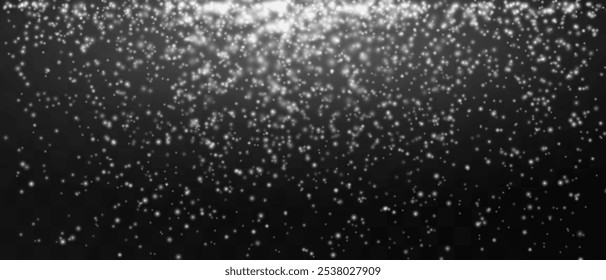 Bright white particles gently falling on a dark background, creating a magical and festive atmosphere. Glittering particles on a transparent background. Light with flares