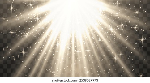 Bright white radiant light burst with sparkles and glittering particles on a transparent background, creating a festive effect. Light with flares Sun rays of dawn. Wallpaper