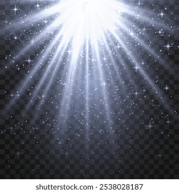 Bright white radiant light burst with sparkles and glittering particles on a transparent background, creating a festive effect. Light with flares Sun rays of dawn. Wallpaper