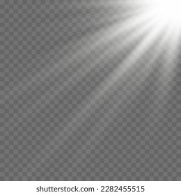 Rayos de luz y sol blancos claros, focos, iluminación en un fondo transparente