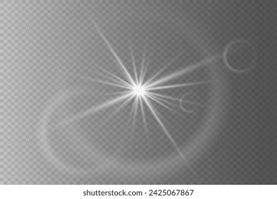 Bright white rays of light and sun, spotlights, illumination on a transparent background	
