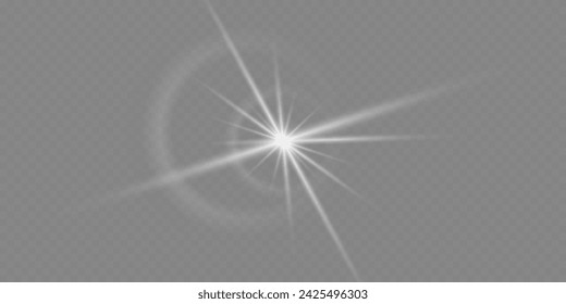 Bright white rays of light and sun, spotlights, illumination on a transparent background	
