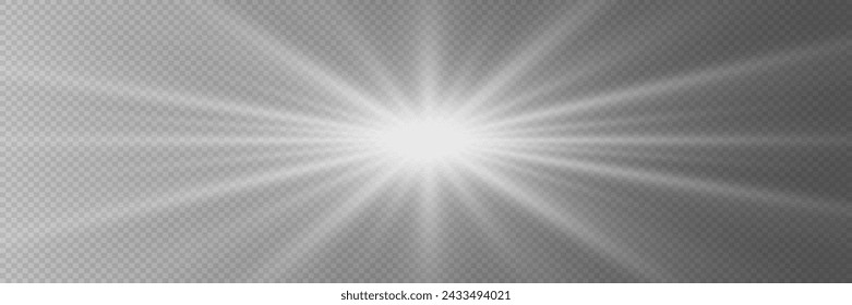 Bright white rays of light and sun, spotlights, illumination on a transparent background	
