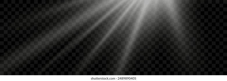 Bright white rays of light and sun, spotlights, illumination on a transparent background	
