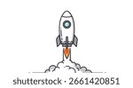 A bright white rocket blasts off from the launchpad surrounded by thick white smoke and orange flames