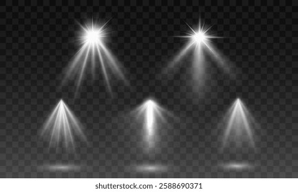 Bright white spotlights with realistic glow, three beam sources creating an atmospheric lighting effect, ideal for photography, theater, event design, and digital art with professional illumination