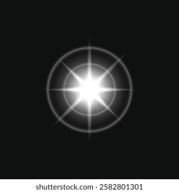 Bright white star with glowing light rays on a black background. Radiant starburst effect with symmetrical light beams. Shining star, glowing light, starburst. Light effect vector.