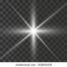 
A bright white star glows on a transparent background. Vector illustration.
