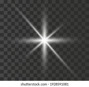 
A bright white star glows on a transparent background. Vector illustration.