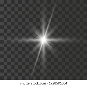 
A bright white star glows on a transparent background. Vector illustration.