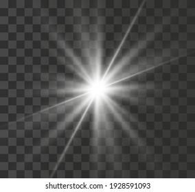 
A bright white star glows on a transparent background. Vector illustration.