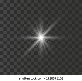 
A bright white star glows on a transparent background. Vector illustration.