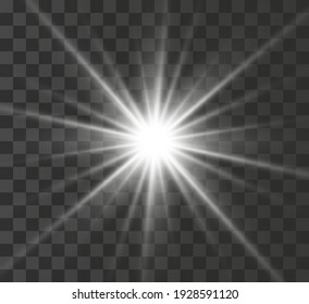 
A bright white star glows on a transparent background. Vector illustration.