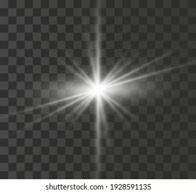 
A bright white star glows on a transparent background. Vector illustration.