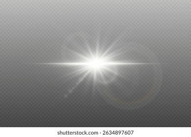 Bright white star light effect with glare. On transparent background.