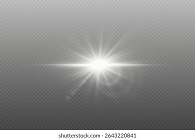 Bright white star light effect with glare. On transparent background.