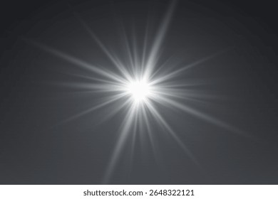 Bright white star light effect with glowing rays and sparkle, solar flare and magic flare.