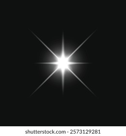 Bright white star on a black background. Radiant star with glowing light. Shining star emits light, starburst effect. Star shines brightly in darkness. Light effect black vector.