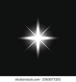 Bright white star on a black background, glowing star with light rays, starburst effect, shining radiant light, celestial star, luminous design. Light effect vector.