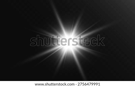 Bright white starburst light with glowing rays and flare on dark background abstract flash illumination effect.