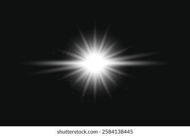 Bright white starburst on a black background. Radiating light beams create a striking starburst effect. The starburst shines brilliantly, enhancing the dark backdrop. Light effect vector.