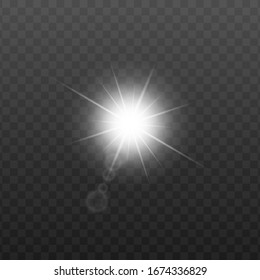 Bright white sun or star light with realistic lens flare isolated on dark background. Abstract sunshine or starlight rays and beams - flash glare effect vector illustration