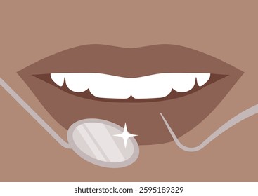 Bright white teeth sparkle in close-up as a dental mirror reflects the mouth’s interior, surrounded by professional tools indicating a thorough examination in a dental clinic