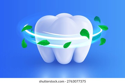 A bright white tooth surrounded by refreshing mint leaves, symbolizing fresh breath and excellent oral hygiene. Vector illustration