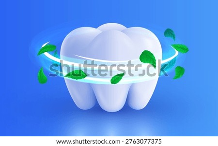 A bright white tooth surrounded by refreshing mint leaves, symbolizing fresh breath and excellent oral hygiene. Vector illustration
