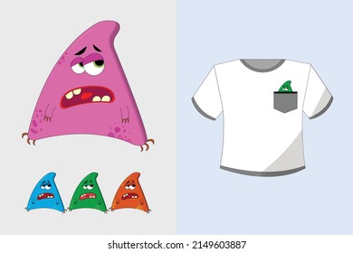 Bright white T-shirt with a pocket and a monster print in various colors on a plain background